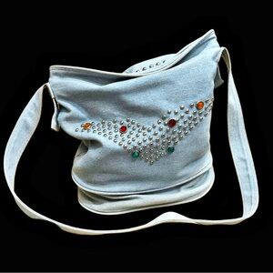 Vintage 1980s Light Wash Denim Bucket Bag with Studs & Multicolored Cabochons